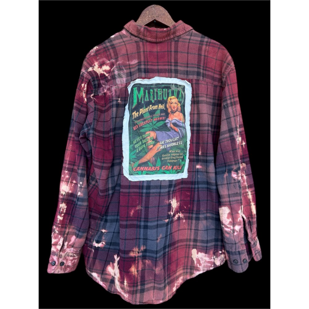 Upcycled Red Plaid Flannel Large Cannabis Patch‎ Folk Art Shirt